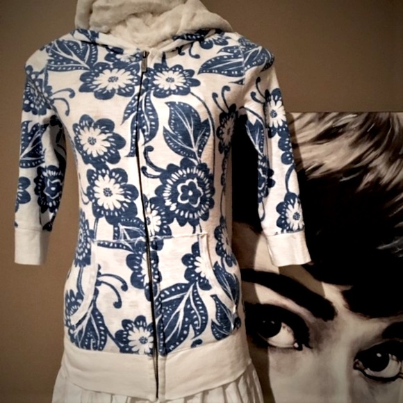 Aeropostale Blue White Delft Delftware Style 100% Cotton Print Hoodie Jacket - Picture 6 of 8
